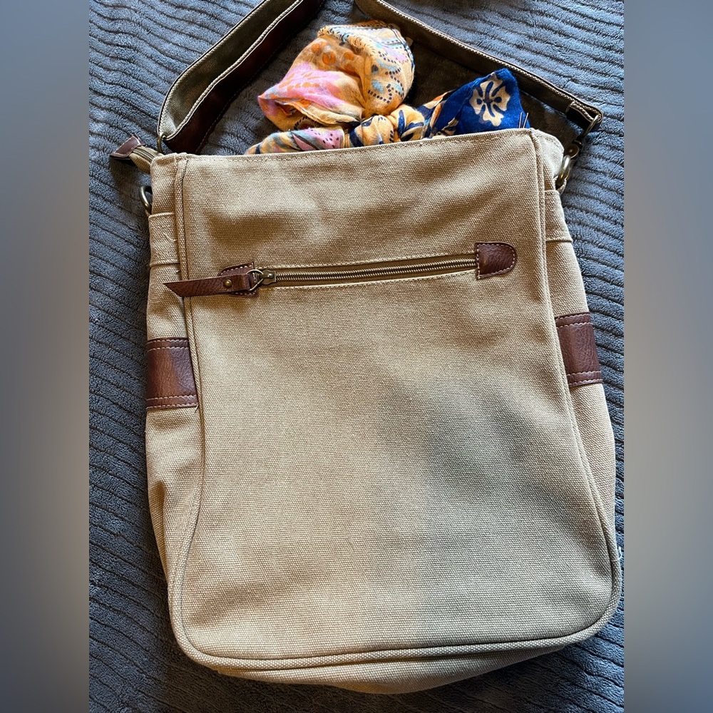 Canvas Hobo Crossbody Bag with Leather Accents - Beige - Picture 6 of 10